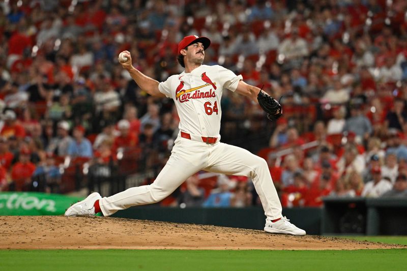 Jul 26, 2024; St. Louis, Missouri, USA; St. Louis Cardinals relief pitcher Ryan Fernandez (64) throws against the Washington Nationals during the tenth inning at Busch Stadium. Mandatory Credit: Jeff Le-USA TODAY Sports