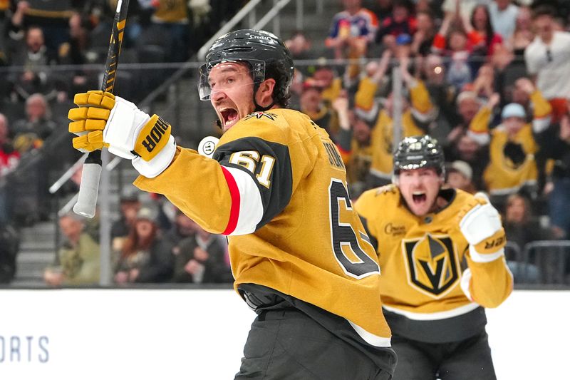 Mar 26, 2026; Las Vegas, Nevada, USA; Vegas Golden Knights right wing Mark Stone (61) celebrates after scoring a goal against the Edmonton Oilers during the second period at T-Mobile Arena. Mandatory Credit: Stephen R. Sylvanie-Imagn Images
