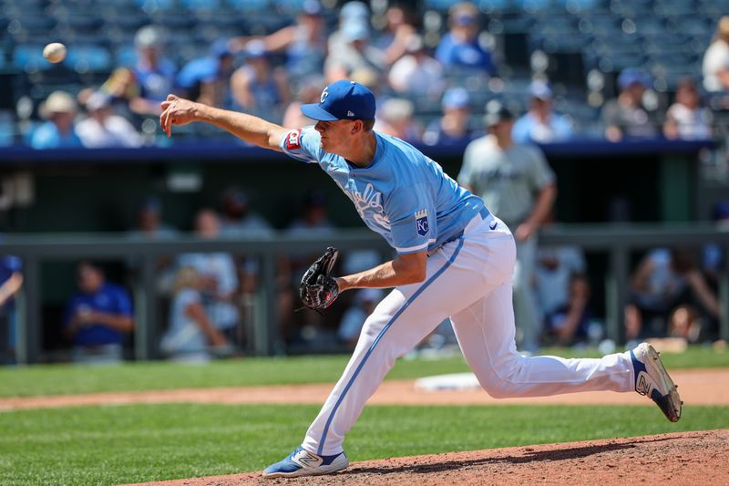 Jun 26, 2024; Kansas City, Missouri, USA; Kansas City Royals pitcher James McArthur (66) throws against the Miami Marlins during the ninth inning at Kauffman Stadium. Mandatory Credit: William Purnell-USA TODAY Sports