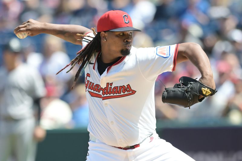 Apr 23, 2025; Cleveland, Ohio, USA; Cleveland Guardians starting pitcher Luis Ortiz (45) throws a pitch during the first inning against the New York Yankees at Progressive Field. Mandatory Credit: Ken Blaze-Imagn Images