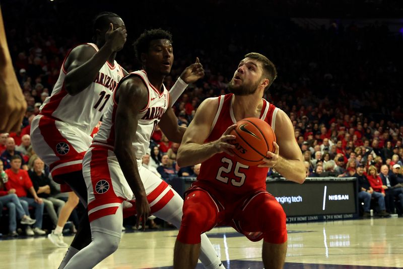 Jan 6, 2024; Tucson, Arizona, USA; Utah Utes guard Rollie Worster (25) shoots a basket against Arizona Wildcats guard Jaden Bradley (0) during the first half at McKale Center. Mandatory Credit: Zachary BonDurant-USA TODAY Sports