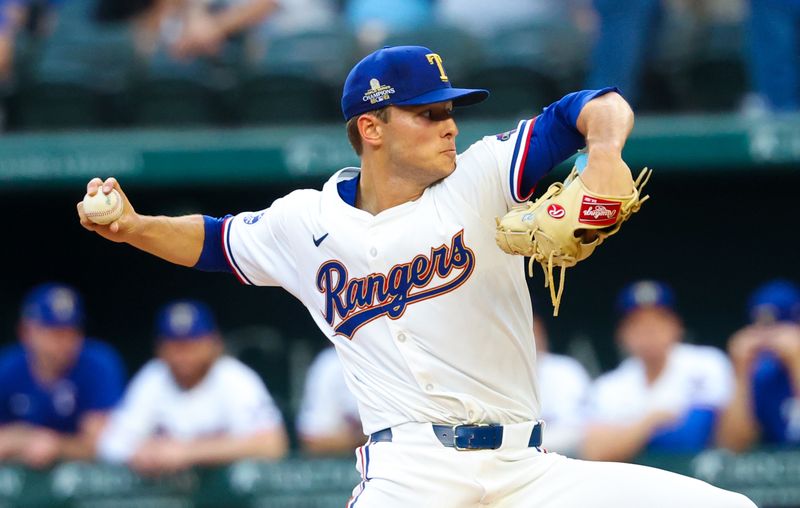 May 14, 2024; Arlington, Texas, USA;  Texas Rangers starting pitcher Jack Leiter (35) throws during the first inning against the Cleveland Guardians at Globe Life Field. Mandatory Credit: Kevin Jairaj-USA TODAY Sports