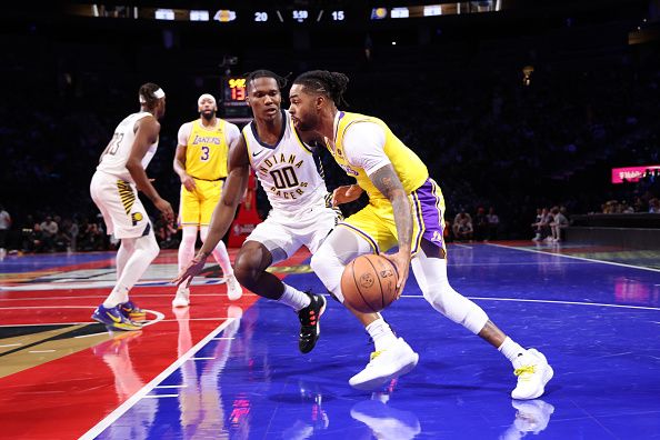 LAS VEGAS, NV - DECEMBER 9: D'Angelo Russell #1 of the Los Angeles Lakers drives to the basket during the game against the Indiana Pacers during the In-Season Tournament Championship game on December 9, 2023 at T-Mobile Arena in Las Vegas, Nevada. NOTE TO USER: User expressly acknowledges and agrees that, by downloading and or using this photograph, User is consenting to the terms and conditions of the Getty Images License Agreement. Mandatory Copyright Notice: Copyright 2023 NBAE (Photo by Jeff Haynes/NBAE via Getty Images)