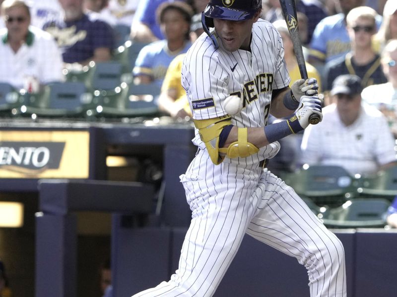 Sep 28, 2025; Milwaukee, Wisconsin, USA; Milwaukee Brewers outfielder Christian Yelich (22) is hit by a pitch during the first inning of their game against the Cincinnati Reds at American Family Field. Mandatory Credit: Mark Hoffman-USA TODAY Network via Imagn Images