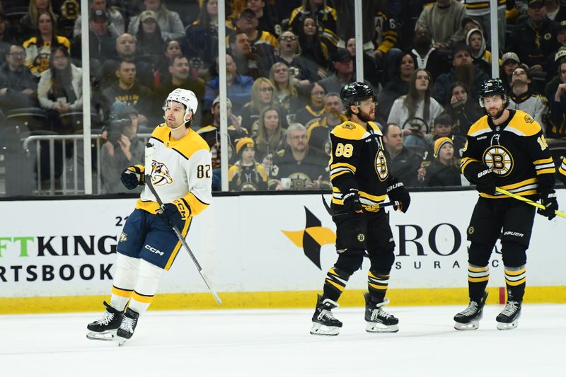 Mar 4, 2025; Boston, Massachusetts, USA;  Nashville Predators center Tommy Novak (82) reacts after scoring a goal during the first period against the Boston Bruins at TD Garden. Mandatory Credit: Bob DeChiara-Imagn Images