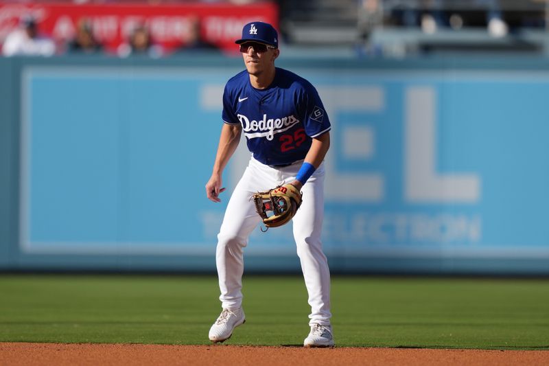 Mar 23, 2025; Los Angeles, California, USA; Los Angeles Dodgers outfielder Tommy Edman (25) during the game against the Los Angeles Angels at Dodger Stadium. Mandatory Credit: Kirby Lee-Imagn Images