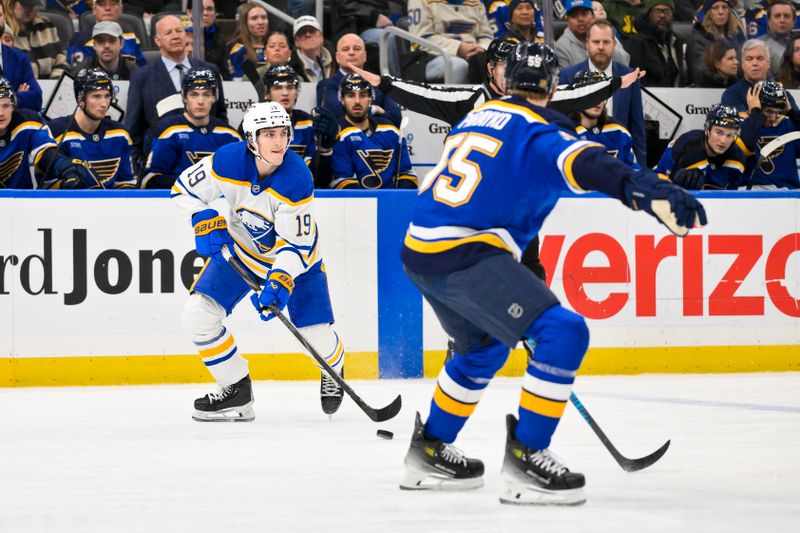 Dec 29, 2025; St. Louis, Missouri, USA; Buffalo Sabres center Peyton Krebs (19) controls the puck against the St. Louis Blues during the third period at Enterprise Center. Mandatory Credit: Jeff Curry-Imagn Images