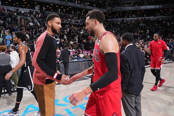 BROOKLYN, NY - NOVEMBER 26: Ben Simmons #10 of the Brooklyn Nets greets Zach LaVine #8 of the Chicago Bulls after the game  on November 26, 2023 at Barclays Center in Brooklyn, New York. NOTE TO USER: User expressly acknowledges and agrees that, by downloading and or using this Photograph, user is consenting to the terms and conditions of the Getty Images License Agreement. Mandatory Copyright Notice: Copyright 2023 NBAE (Photo by Jesse D. Garrabrant/NBAE via Getty Images)