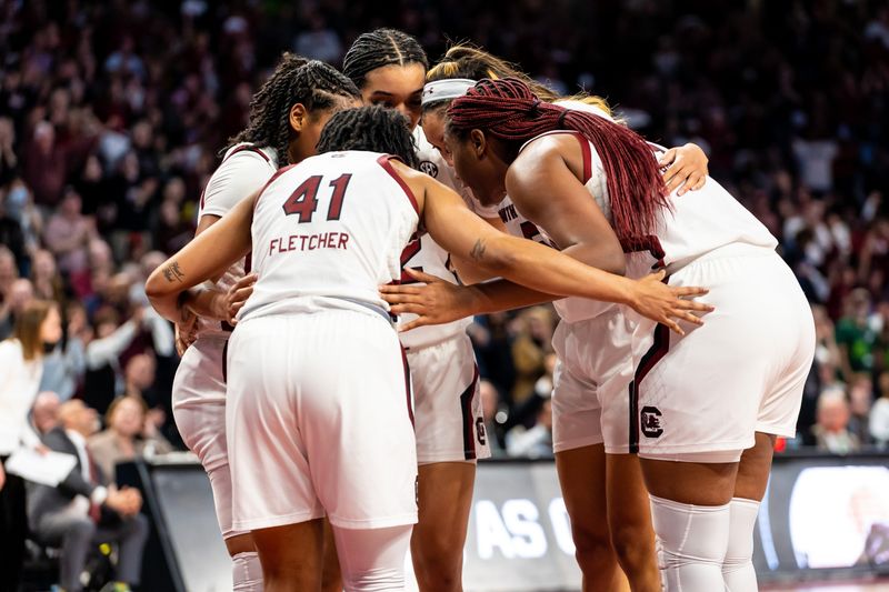 Mar 19, 2023; Columbia, SC, USA; South Carolina Gamecocks players huddle against the South Florida Bulls in the second half of South Carolina Gamecocks 76-45 victory at Colonial Life Arena, advancing them to the Sweet 16. Mandatory Credit: Jeff Blake-USA TODAY Sports