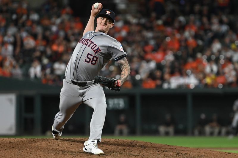 Aug 23, 2024; Baltimore, Maryland, USA; Houston Astros starting pitcher Hunter Brown (58) throws a third inning pitch against the Baltimore Orioles  at Oriole Park at Camden Yards. Mandatory Credit: Tommy Gilligan-USA TODAY Sports