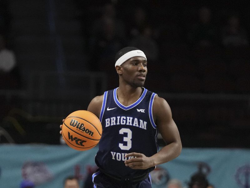 March 4, 2023; Las Vegas, NV, USA; Brigham Young Cougars guard Rudi Williams (3) dribbles the basketball during the first half in the quarterfinals of the WCC Basketball Championships at Orleans Arena. Mandatory Credit: Kyle Terada-USA TODAY Sports