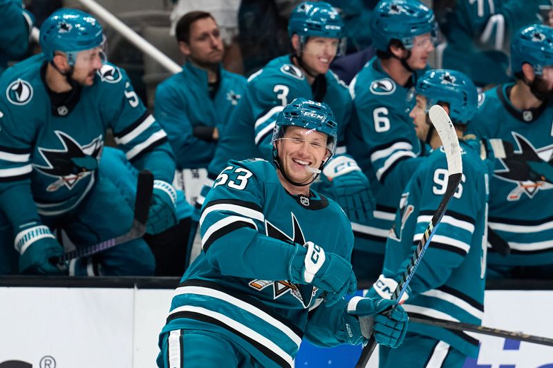 Oct 1, 2025; San Jose, California, USA; San Jose Sharks left wing Jeff Skinner (53) reacts after scoring a goal against the Anaheim Ducks during the third period at SAP Center at San Jose. Mandatory Credit: Robert Edwards-Imagn Images