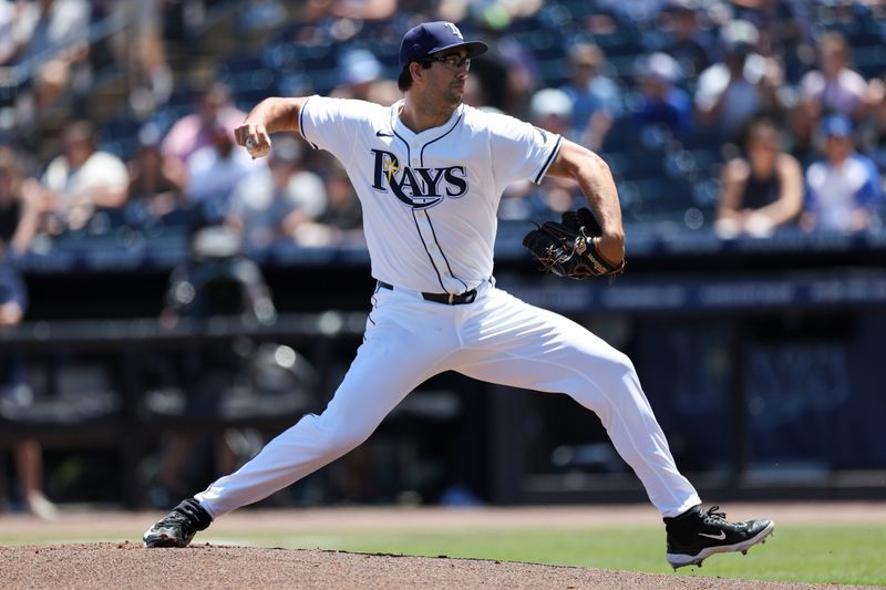 iApr 13, 2025; Tampa, Florida, USA; Tampa Bay Rays starting pitcher Joe Boyle (36) throws a pitch against the Atlanta Braves in the first inning at George M. Steinbrenner Field. Mandatory Credit: Nathan Ray Seebeck-Imagn Images