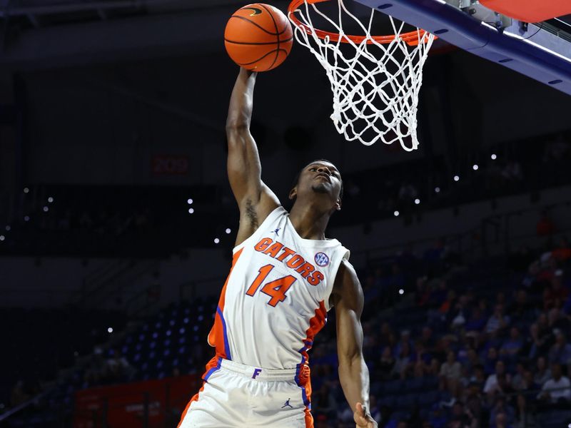 Jan 25, 2023; Gainesville, Florida, USA; Florida Gators guard Kowacie Reeves (14) dunks against the South Carolina Gamecocks during the second half at Exactech Arena at the Stephen C. O'Connell Center. Mandatory Credit: Kim Klement-USA TODAY Sports