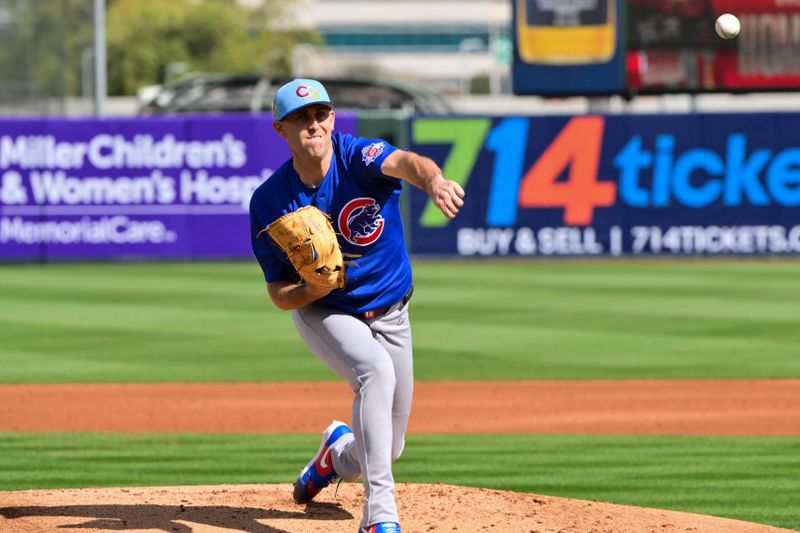 Feb 26, 2026; Tempe, Arizona, USA; Chicago Cubs pitcher Matthew Boyd (16) throws a pitch in the second inning against the Los Angeles Angels at Tempe Diablo Stadium. Mandatory Credit: Matt Kartozian-Imagn Images