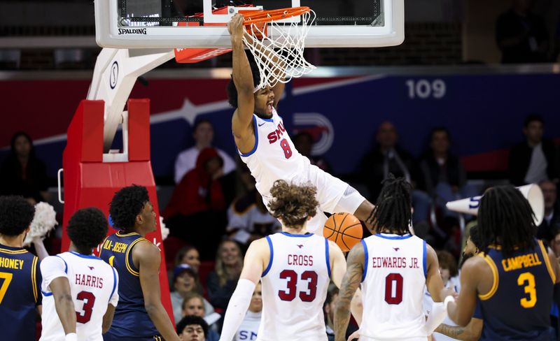 Jan 29, 2025; Dallas, Texas, USA;  Southern Methodist Mustangs guard Kario Oquendo (8) dunks against the California Golden Bears during the second half at Moody Coliseum. Mandatory Credit: Kevin Jairaj-Imagn Images