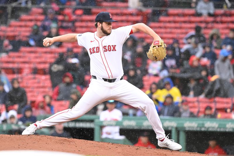 Apr 18, 2024; Boston, Massachusetts, USA; Boston Red Sox pitcher Justin Slaten (63) pitches against the Cleveland Guardians during the seventh inning at Fenway Park. Mandatory Credit: Eric Canha-USA TODAY Sports