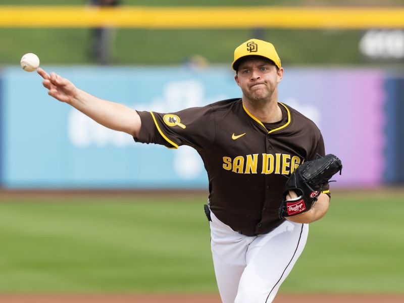 Mar 5, 2025; Peoria, Arizona, USA; San Diego Padres pitcher Michael King against the Colorado Rockies during a spring training game at Peoria Sports Complex. Mandatory Credit: Mark J. Rebilas-Imagn Images