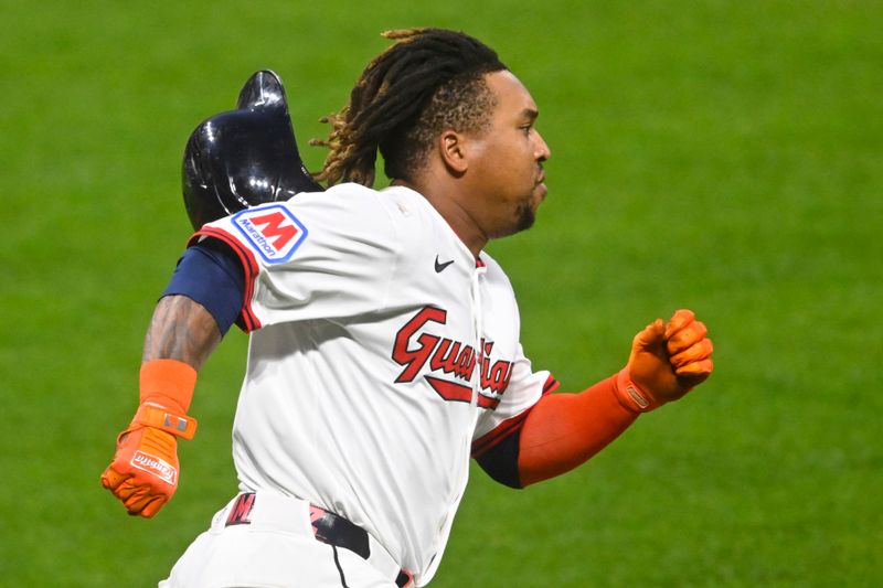 Sep 9, 2025; Cleveland, Ohio, USA; Cleveland Guardians third baseman Jose Ramirez (11) runs the bases on his single in the sixth inning against the Kansas City Royals at Progressive Field. Mandatory Credit: David Richard-Imagn Images