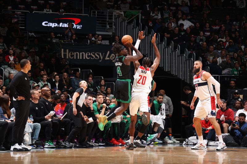 WASHINGTON, DC -? OCTOBER 24: Jrue Holiday #4 of the Boston Celtics shoots the ball during the game against the Washington Wizards on October 24, 2024 at Capital One Arena in Washington, DC. NOTE TO USER: User expressly acknowledges and agrees that, by downloading and or using this Photograph, user is consenting to the terms and conditions of the Getty Images License Agreement. Mandatory Copyright Notice: Copyright 2024 NBAE (Photo by Stephen Gosling/NBAE via Getty Images)