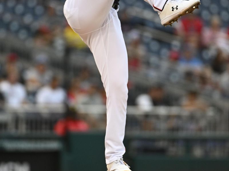 Aug 16, 2023; Washington, District of Columbia, USA; Washington Nationals starting pitcher MacKenzie Gore (1) throws to the Boston Red Sox during the first inning at Nationals Park. Mandatory Credit: Brad Mills-USA TODAY Sports