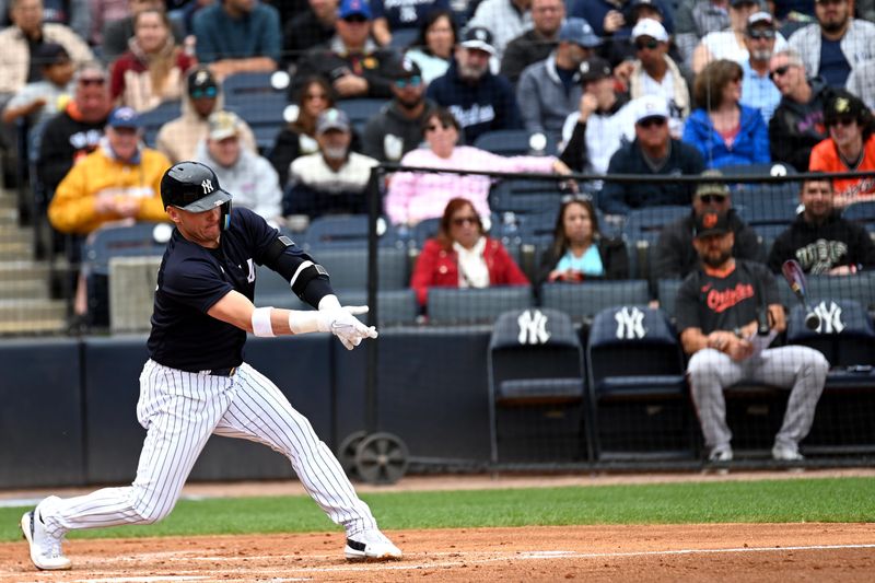 Mar 19, 2023; Tampa, Florida, USA; New York Yankees third baseman Josh Donaldson (28) loses his bat on a pitch in the second inning of a spring training game against the Baltimore Orioles at George M. Steinbrenner Field. Mandatory Credit: Jonathan Dyer-USA TODAY Sports