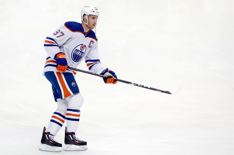 Feb 23, 2023; Pittsburgh, Pennsylvania, USA;  Edmonton Oilers center Connor McDavid (97) warms up before the game against the Pittsburgh Penguins at PPG Paints Arena. Mandatory Credit: Charles LeClaire-USA TODAY Sports