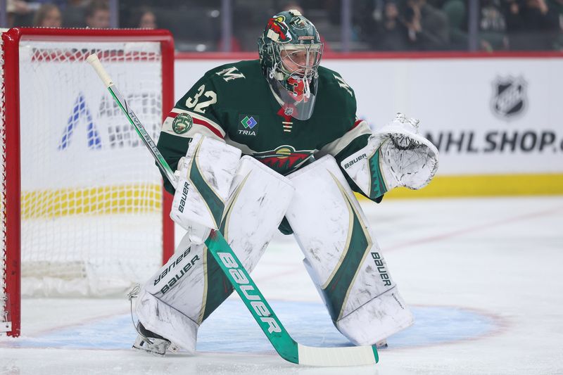 Mar 10, 2026; Saint Paul, Minnesota, USA; Minnesota Wild goaltender Filip Gustavsson (32) defends his net against the Utah Mammoth during the first period at Grand Casino Arena. Mandatory Credit: Matt Krohn-Imagn Images