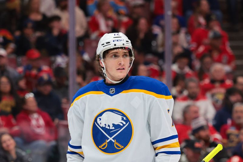 Feb 2, 2026; Sunrise, Florida, USA; Buffalo Sabres center Tage Thompson (72) looks on against the Florida Panthers during the third period at Amerant Bank Arena. Mandatory Credit: Sam Navarro-Imagn Images