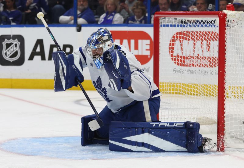 Apr 9, 2025; Tampa, Florida, USA; Toronto Maple Leafs goaltender Anthony Stolarz (41) makes a save against the Tampa Bay Lightning during the first period at Amalie Arena. Mandatory Credit: Kim Klement Neitzel-Imagn Images