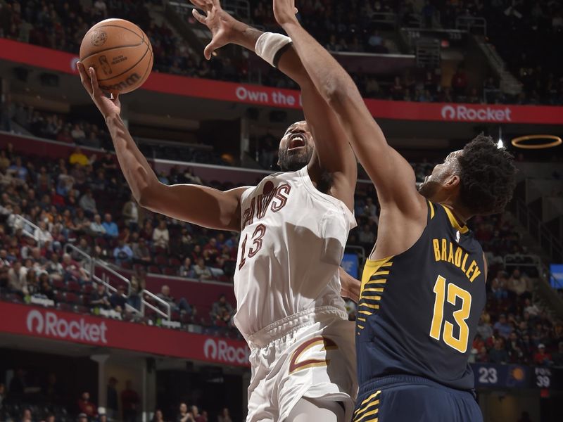 CLEVELAND, OH - APRIL 13:  Tristan Thompson #13 of the Cleveland Cavaliers drives to the basket during the game against the Indiana Pacers on April 13, 2025 at Rocket Arena in Cleveland, Ohio. NOTE TO USER: User expressly acknowledges and agrees that, by downloading and/or using this Photograph, user is consenting to the terms and conditions of the Getty Images License Agreement. Mandatory Copyright Notice: Copyright 2025 NBAE (Photo by David Liam Kyle/NBAE via Getty Images)