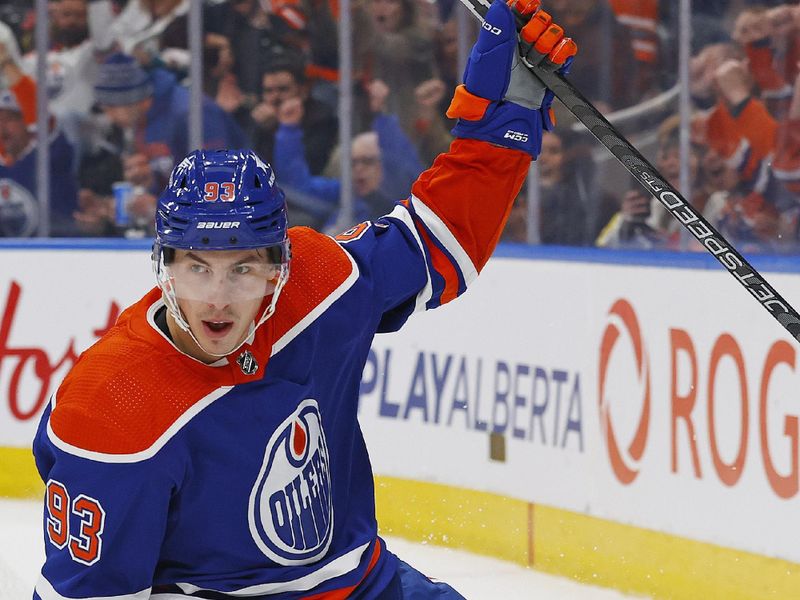 Nov 26, 2023; Edmonton, Alberta, CAN; Edmonton Oilers forward Ryan Nugent-Hopkins (93) celebrates after scoring a goal against the Anaheim Ducks during the first period at Rogers Place. Mandatory Credit: Perry Nelson-USA TODAY Sports