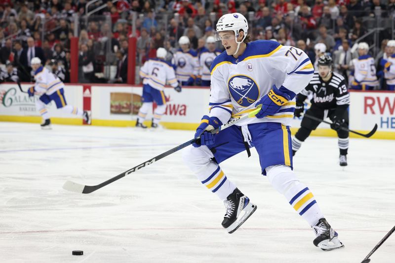 Oct 27, 2023; Newark, New Jersey, USA; Buffalo Sabres right wing Tage Thompson (72) plays the puck during the second period against the New Jersey Devils at Prudential Center. Mandatory Credit: Vincent Carchietta-USA TODAY Sports