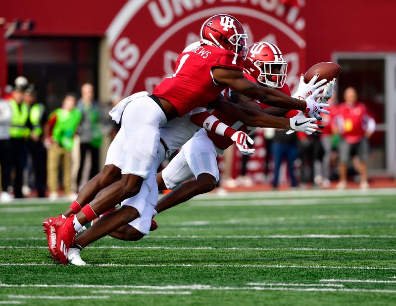 Oct 16, 2021; Bloomington, Indiana, USA; Indiana Hoosiers defensive back Josh Sanguinetti (19) intercepts a ball meant for Michigan State Spartans wide receiver Tre Mosley (17) during the second half at Memorial Stadium. Spartans win 20-15.  Mandatory Credit: Marc Lebryk-USA TODAY Sports