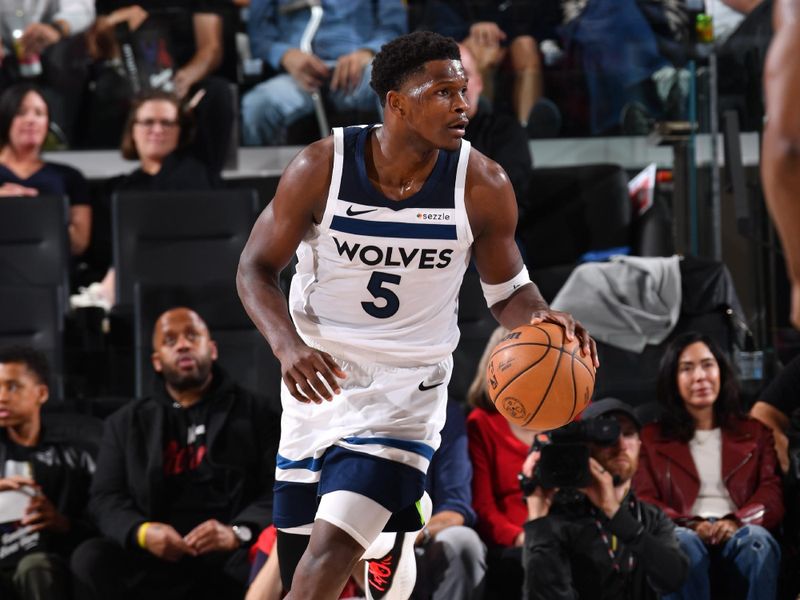 INGLEWOOD, CA - DECEMBER 4:  Anthony Edwards #5 of the Minnesota Timberwolves dribbles the ball during the game against the LA Clippers during a regular season game on December 4, 2024 at Intuit Dome in Los Angeles, California. NOTE TO USER: User expressly acknowledges and agrees that, by downloading and/or using this Photograph, user is consenting to the terms and conditions of the Getty Images License Agreement. Mandatory Copyright Notice: Copyright 2024 NBAE (Photo by Juan Ocampo/NBAE via Getty Images)