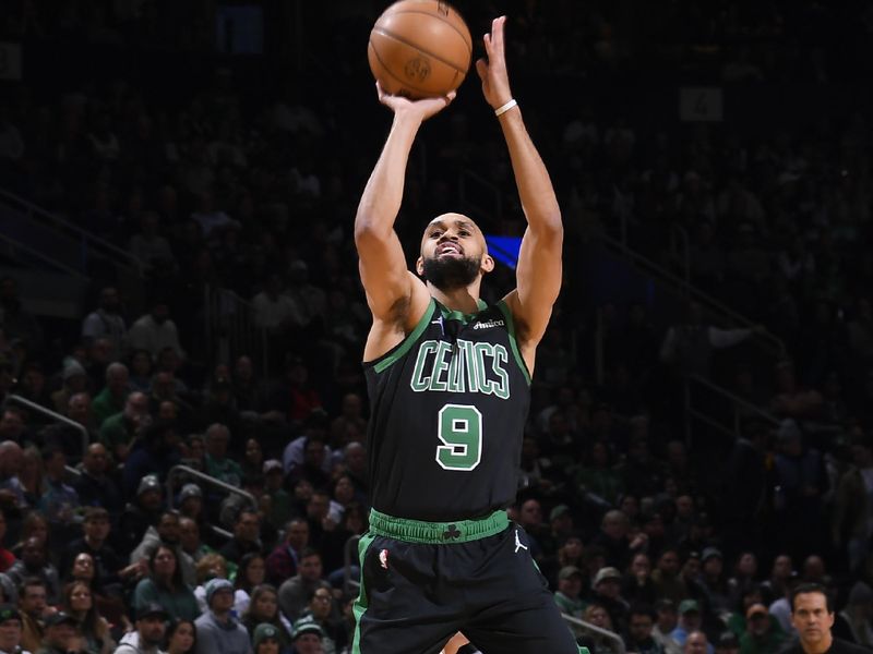 BOSTON, MA - DECEMBER 2: Derrick White #9 of the Boston Celtics shoots the ball during the game against the Miami Heat on December 2, 2024 at TD Garden in Boston, Massachusetts. NOTE TO USER: User expressly acknowledges and agrees that, by downloading and/or using this Photograph, user is consenting to the terms and conditions of the Getty Images License Agreement. Mandatory Copyright Notice: Copyright 2024 NBAE (Photo by Brian Babineau/NBAE via Getty Images)