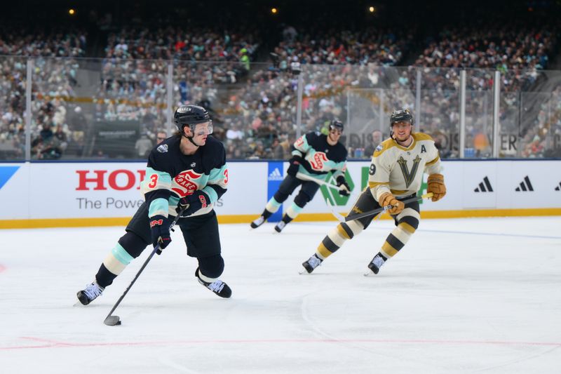 Jan 1, 2024; Seattle, Washington, USA; Seattle Kraken defenseman Will Borgen (3) looks to pass the puck against the Vegas Golden Knights during the first period in the 2024 Winter Classic ice hockey game at T-Mobile Park. Mandatory Credit: Steven Bisig-USA TODAY Sports