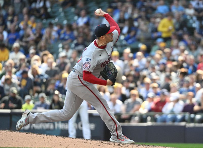 Sep 17, 2023; Milwaukee, Wisconsin, USA;Washington Nationals starting pitcher Patrick Corbin (46) delivers a pitch against the Milwaukee Brewers in the sixth inning at American Family Field. Mandatory Credit: Michael McLoone-USA TODAY Sports