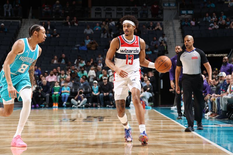 CHARLOTTE, NC - FEBRUARY 3: Jordan Poole #13 of the Washington Wizards dribbles the ball during the game against the Charlotte Hornets on February 3, 2025 at Spectrum Center in Charlotte, North Carolina. NOTE TO USER: User expressly acknowledges and agrees that, by downloading and or using this photograph, User is consenting to the terms and conditions of the Getty Images License Agreement. Mandatory Copyright Notice: Copyright 2025 NBAE (Photo by Stephen Gosling/NBAE via Getty Images)