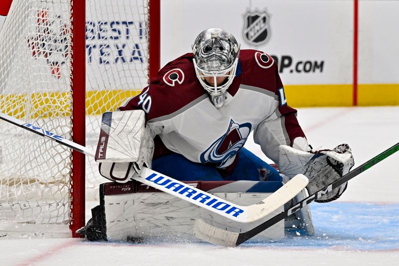 May 7, 2024; Dallas, Texas, USA; Colorado Avalanche goaltender Alexandar Georgiev (40) makes a pad save on a Dallas Stars shot during the second period in game one of the second round of the 2024 Stanley Cup Playoffs at American Airlines Center. Mandatory Credit: Jerome Miron-USA TODAY Sports