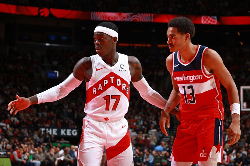 TORONTO, CANADA - OCTOBER 20: Dennis Schroder #17 of the Toronto Raptors plays defense during the game against the Washington Wizards on October 20, 2023 at the Scotiabank Arena in Toronto, Ontario, Canada.  NOTE TO USER: User expressly acknowledges and agrees that, by downloading and or using this Photograph, user is consenting to the terms and conditions of the Getty Images License Agreement.  Mandatory Copyright Notice: Copyright 2023 NBAE (Photo by Vaughn Ridley/NBAE via Getty Images)