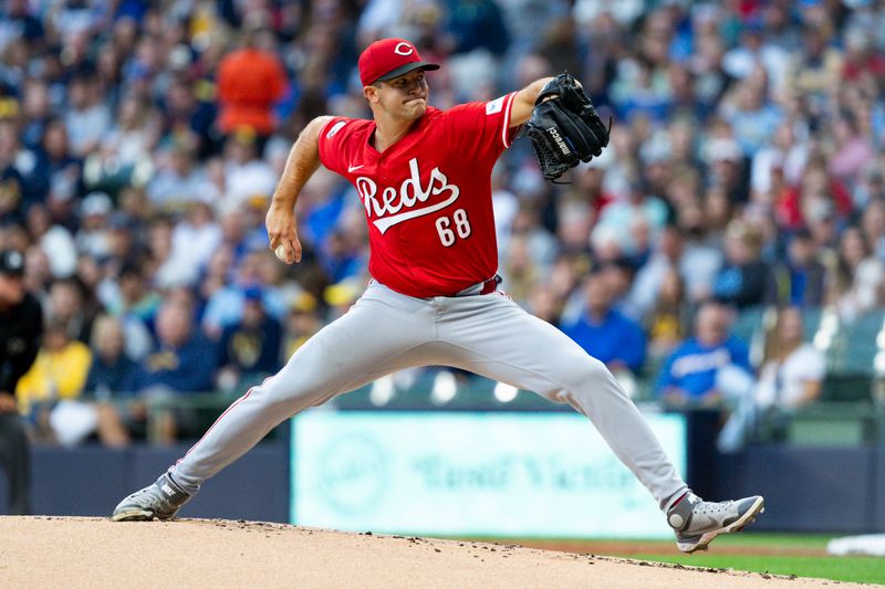 Aug 9, 2024; Milwaukee, Wisconsin, USA;  Cincinnati Reds pitcher Carson Spiers (68) throws a pitch during the first inning inning against the Milwaukee Brewers at American Family Field. Mandatory Credit: Jeff Hanisch-USA TODAY Sports