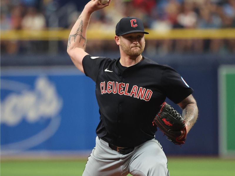 Jul 14, 2024; St. Petersburg, Florida, USA;  Cleveland Guardians pitcher Ben Lively (39) throws a pitch against the Tampa Bay Rays during the third inning at Tropicana Field. Mandatory Credit: Kim Klement Neitzel-USA TODAY Sports