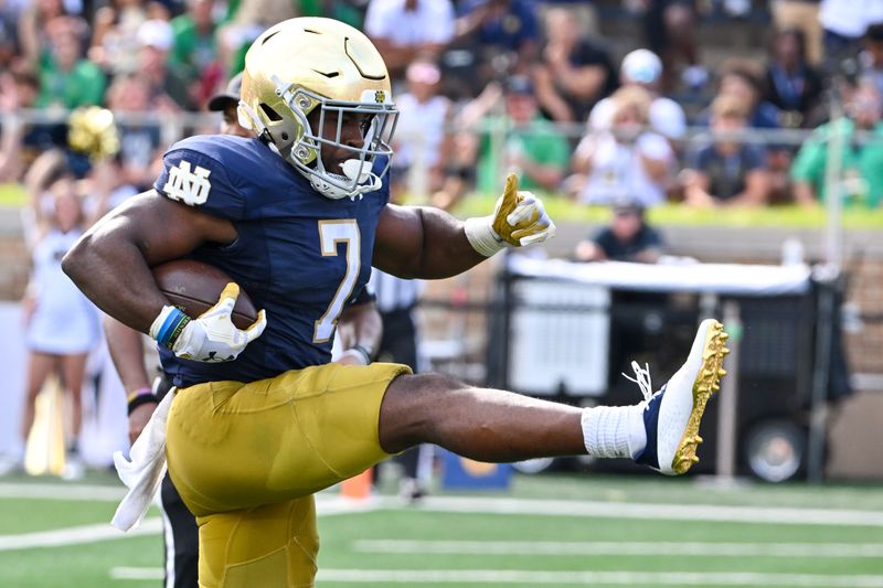 Sep 2, 2023; South Bend, Indiana, USA; Notre Dame Fighting Irish running back Audric Estime (7) scores in the second quarter against the Tennessee State Tigers at Notre Dame Stadium. Mandatory Credit: Matt Cashore-USA TODAY Sports