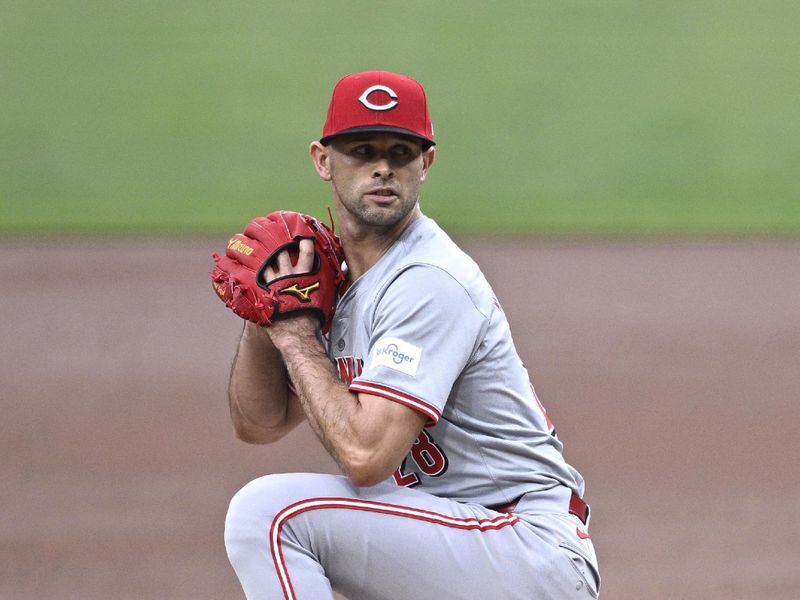 Apr 30, 2024; San Diego, California, USA; Cincinnati Reds starting pitcher Nick Martinez (28) throws a pitch against the San Diego Padres during the first inning at Petco Park. Mandatory Credit: Orlando Ramirez-USA TODAY Sports