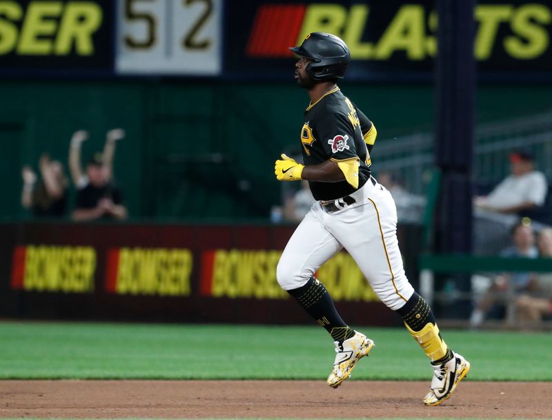 Aug 22, 2023; Pittsburgh, Pennsylvania, USA; Pittsburgh Pirates designated hitter Andrew McCutchen (22) circles the bases on a two run home run against the St. Louis Cardinals during the fifth inning at PNC Park. Mandatory Credit: Charles LeClaire-USA TODAY Sports