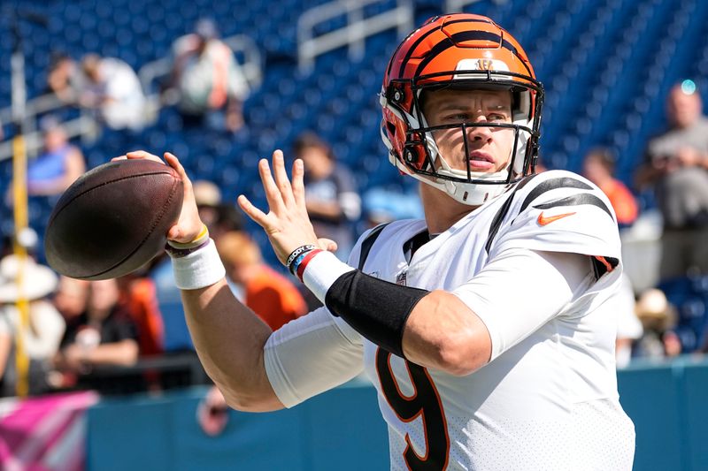 Cincinnati Bengals quarterback Joe Burrow (9) warms up before an NFL football game between the Tennessee Titans and the Cincinnati Bengals, Sunday, Oct. 1, 2023, in Nashville, Tenn. (AP Photo/George Walker IV)