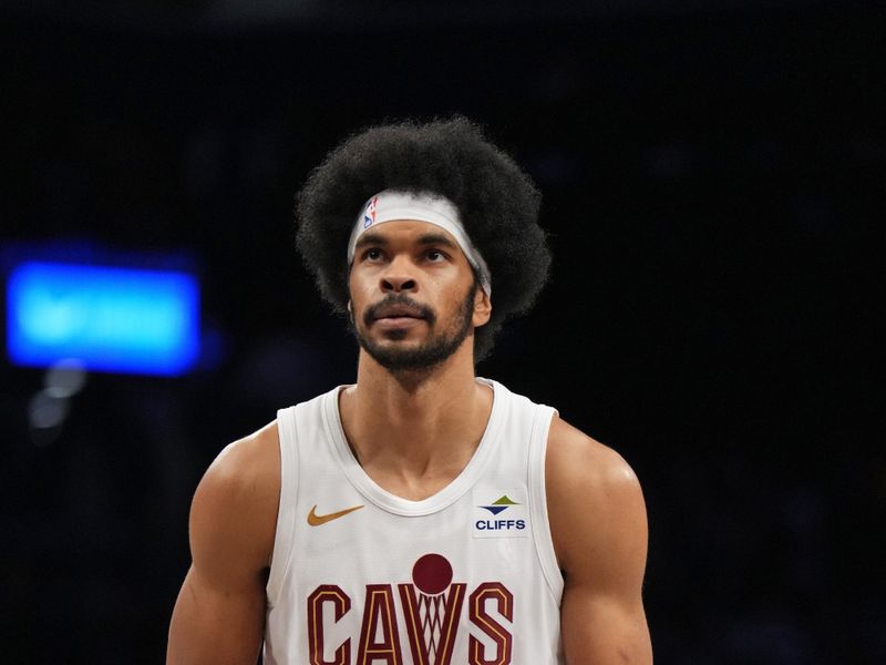 BROOKLYN, NY - FEBRUARY 8: Jarrett Allen #31 of the Cleveland Cavaliers shoots a free throw during the game against the Brooklyn Nets on February 8, 2024 at Barclays Center in Brooklyn, New York. NOTE TO USER: User expressly acknowledges and agrees that, by downloading and or using this Photograph, user is consenting to the terms and conditions of the Getty Images License Agreement. Mandatory Copyright Notice: Copyright 2024 NBAE (Photo by Jesse D. Garrabrant/NBAE via Getty Images)