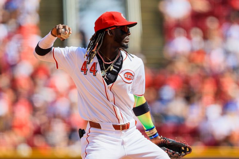 Jun 9, 2024; Cincinnati, Ohio, USA; Cincinnati Reds shortstop Elly De La Cruz (44) throws to first to get Chicago Cubs catcher Miguel Amaya (not pictured) out in the eighth inning at Great American Ball Park. Mandatory Credit: Katie Stratman-USA TODAY Sports