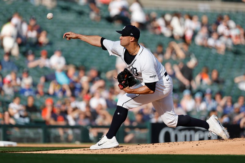 May 23, 2024; Detroit, Michigan, USA;  Detroit Tigers starting pitcher Jack Flaherty (9) pitches in the first inning against the Toronto Blue Jays at Comerica Park. Mandatory Credit: Rick Osentoski-USA TODAY Sports